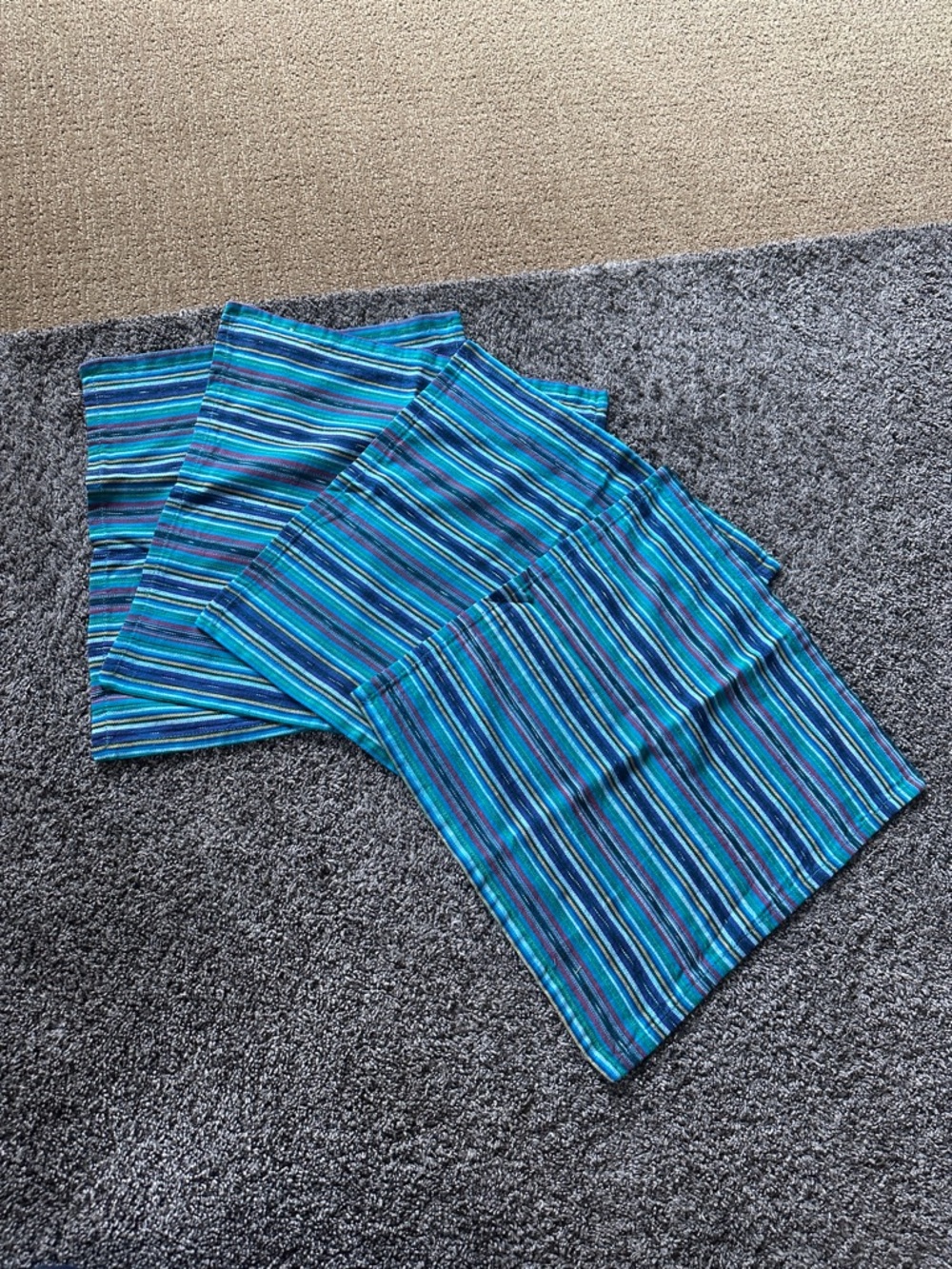 Handmade Authentic Guatemalan Blue Stripe Multicolored set of 4 Cotton Napkins